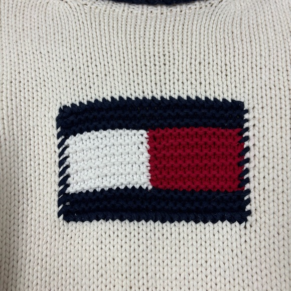 Tommy Hilfiger Vintage Hand Knit 90’s Cotton Logo Chunky Cowl Neck Sweater Large - Picture 3 of 10